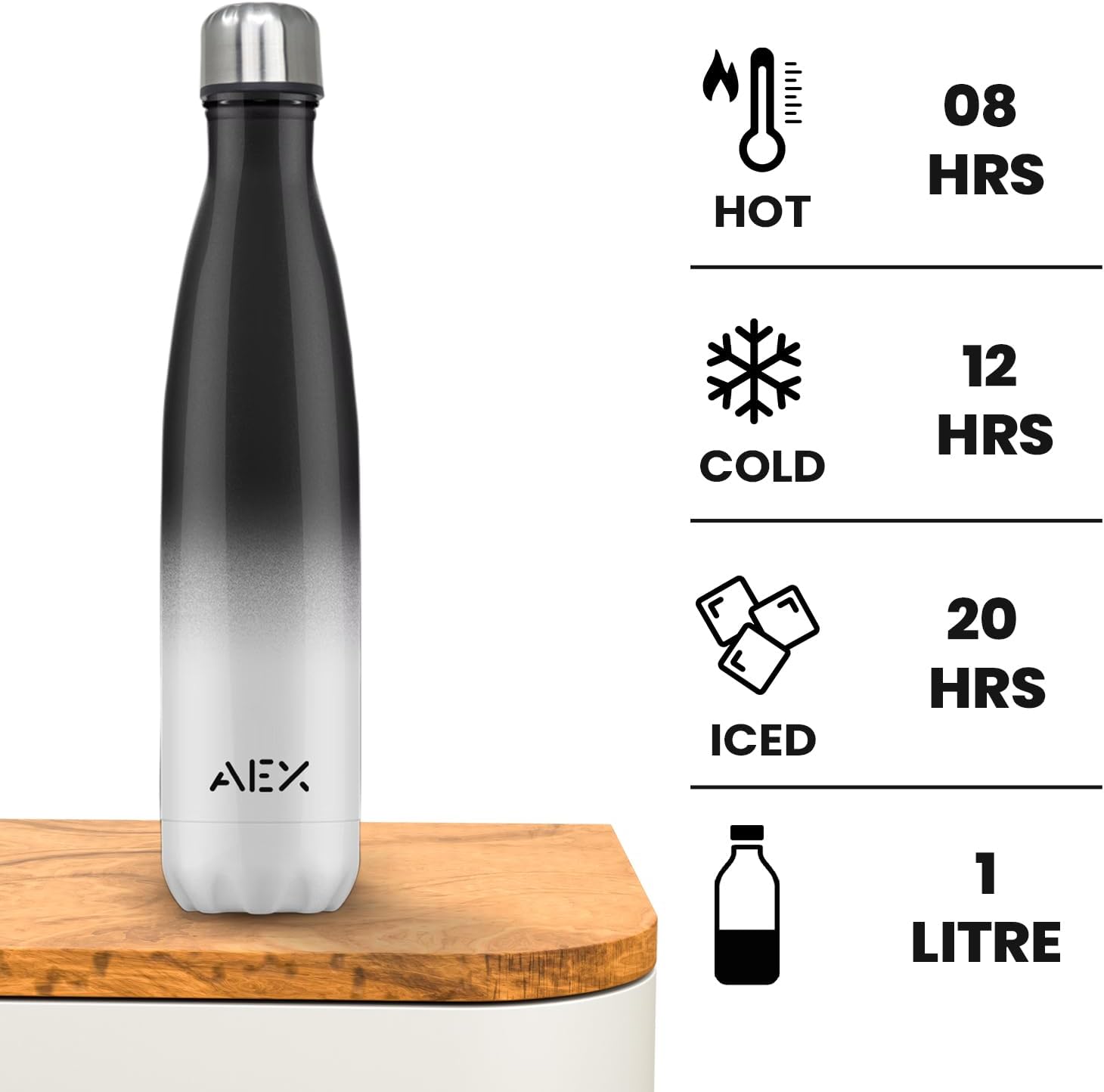 Double Insulated Vacuum Flask Stainless Steel Water Bottle Thermos Flasks Water Bottle for Hot and Cold Drinks Thermal Bottle 1000ml [Black_White]